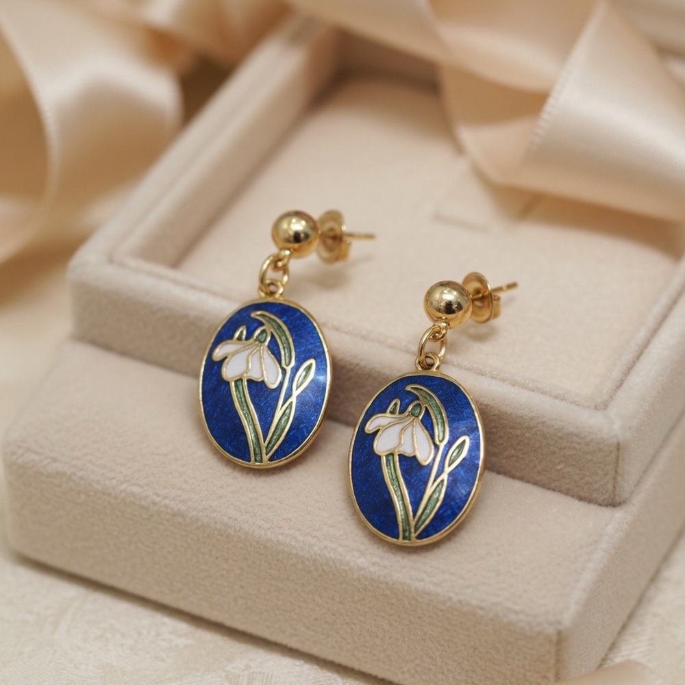 Vintage Cloisonne Drop Flower Earrings Blue Enamel Gold Tone Floral Dangle